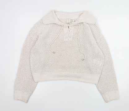 Joie Women's Ivory Open-Knit Sequin Collared Pullover Jumper Size L