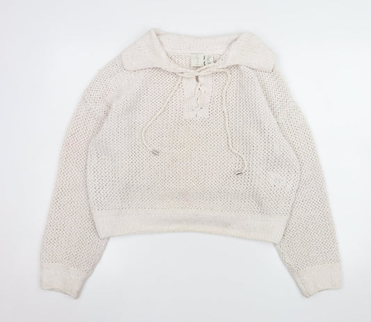 Joie Women's Ivory Open-Knit Sequin Collared Pullover Jumper Size L