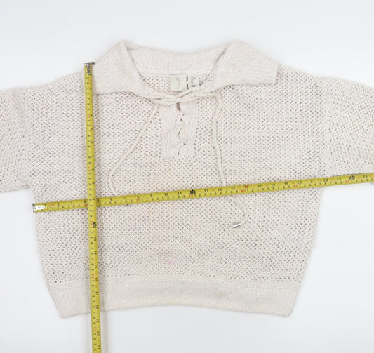 Joie Women's Ivory Open-Knit Sequin Collared Pullover Jumper Size L