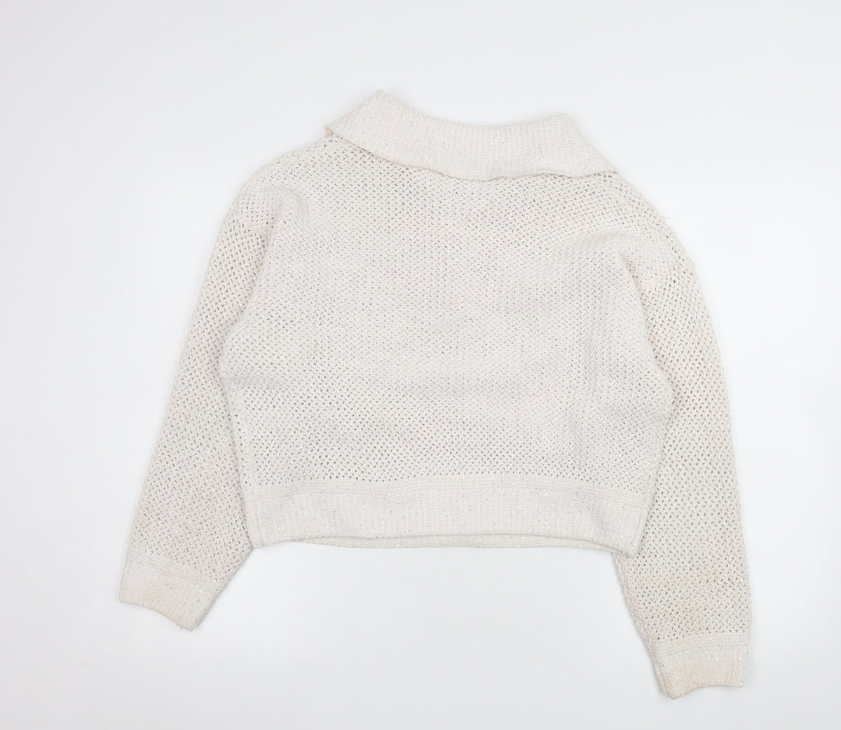 Joie Women's Ivory Open-Knit Sequin Collared Pullover Jumper Size L