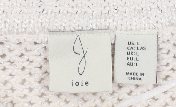 Joie Women's Ivory Open-Knit Sequin Collared Pullover Jumper Size L