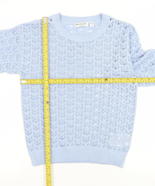 Brave Soul Women's Blue Open-Knit Crew Neck Jumper Size S