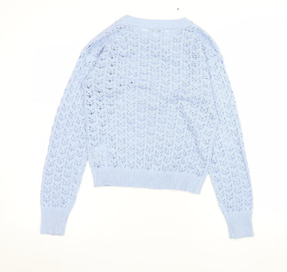 Brave Soul Women's Blue Open-Knit Crew Neck Jumper Size S