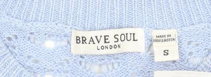Brave Soul Women's Blue Open-Knit Crew Neck Jumper Size S