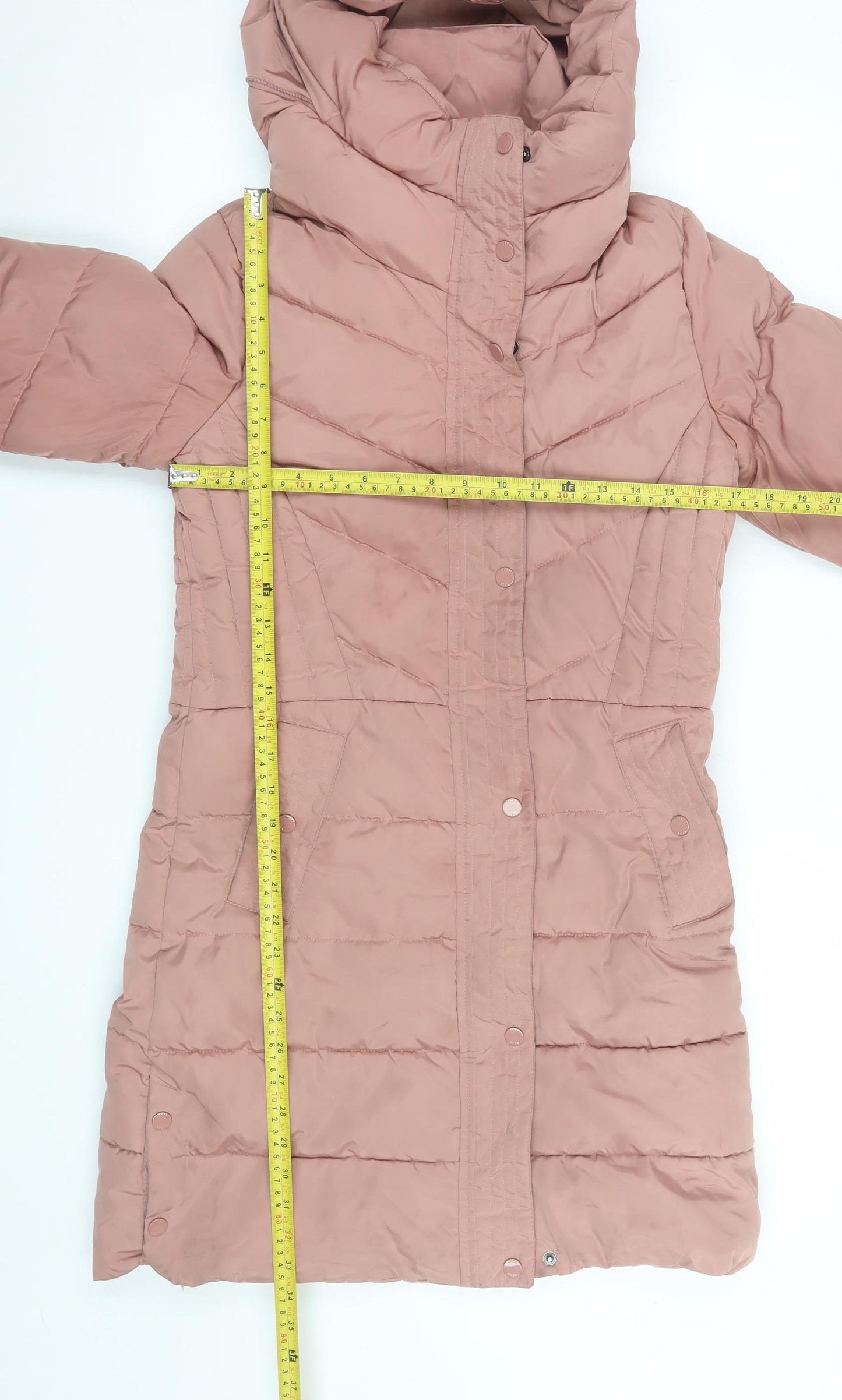 Next Women's Pink Long Puffer Coat Size 8 Petite Hooded Winter Jacket