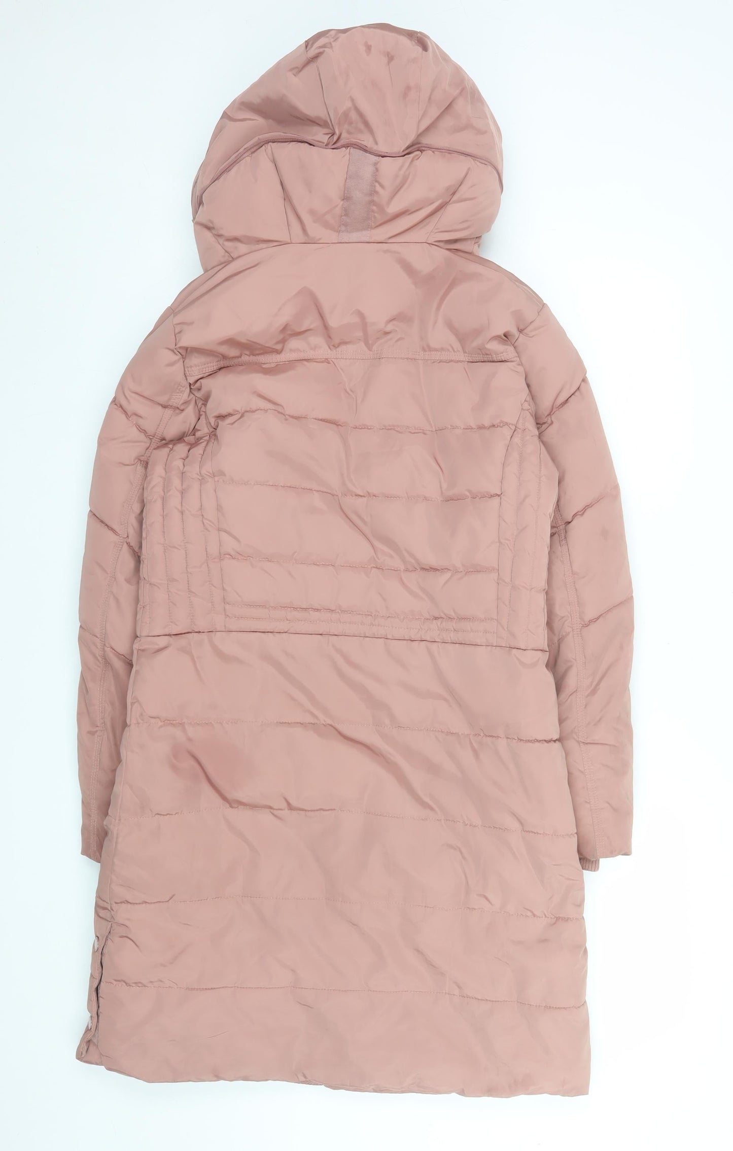Next Women's Pink Long Puffer Coat Size 8 Petite Hooded Winter Jacket