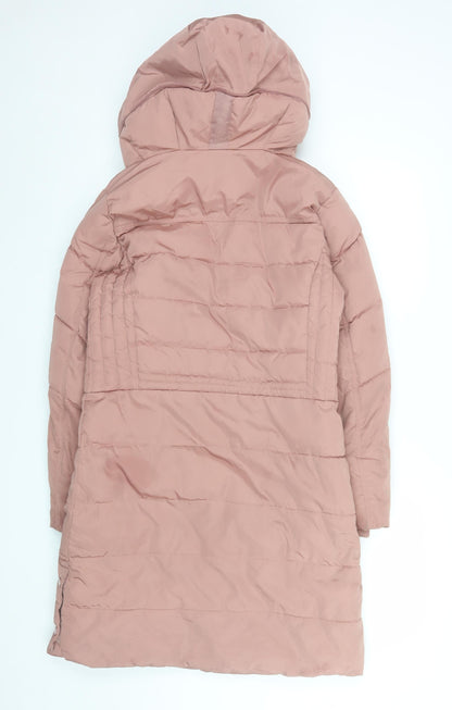 Next Women's Pink Long Puffer Coat Size 8 Petite Hooded Winter Jacket