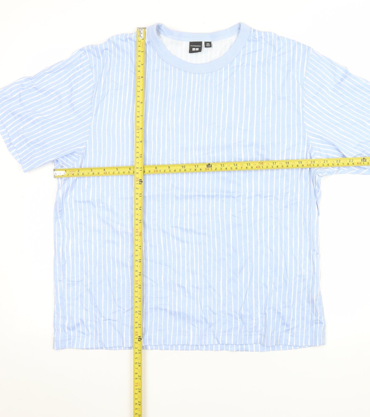 Uniqlo x Marimekko Men Blue Striped Cotton Crew Neck 2XL T-Shirt