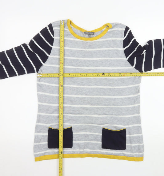 Laura Ashley Women’s Grey Striped Cardigan Size 14 Cotton Knit