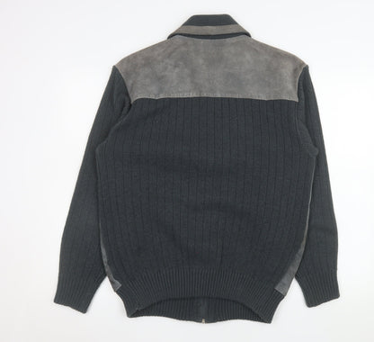 Greenwoods Mens Grey Leather Knit Bomber Jacket Size 42 Regular