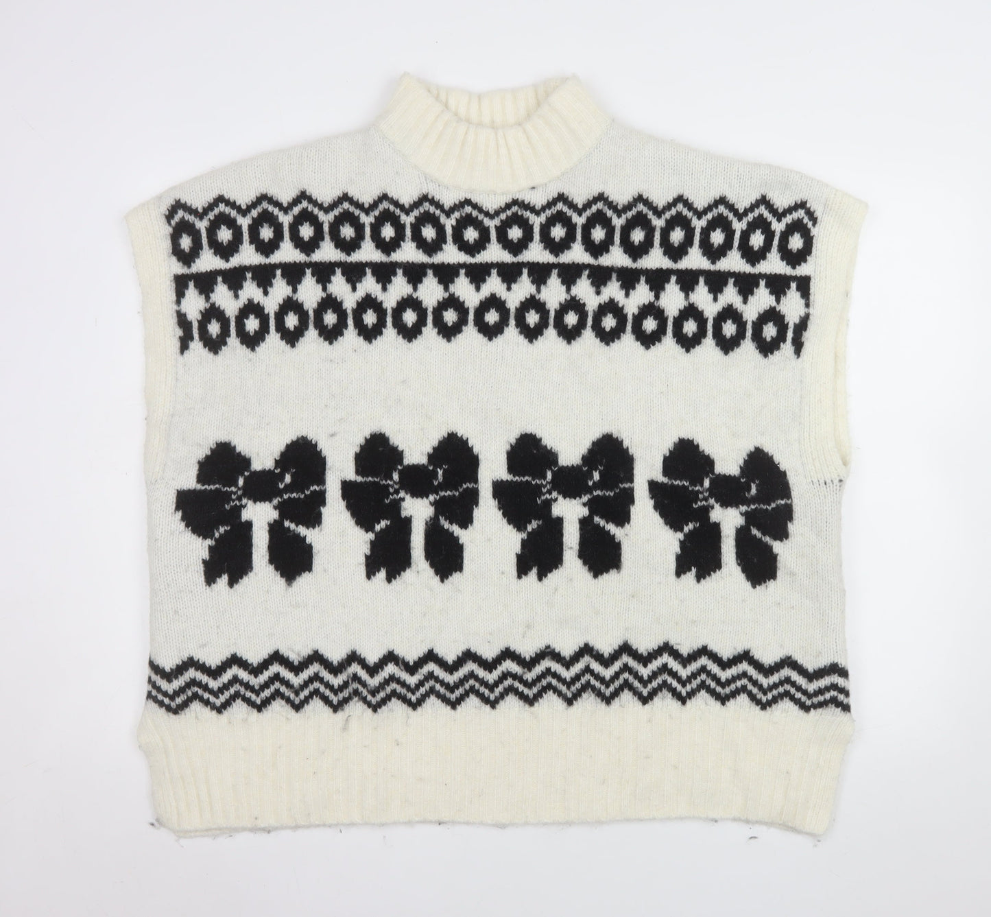 NEXT Womens Ivory Black Bow Knit Sleeveless Mock Neck Vest XL