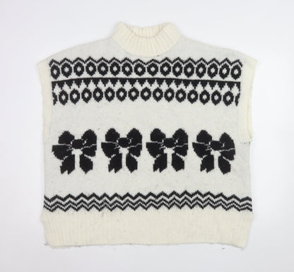 NEXT Womens Ivory Black Bow Knit Sleeveless Mock Neck Vest XL