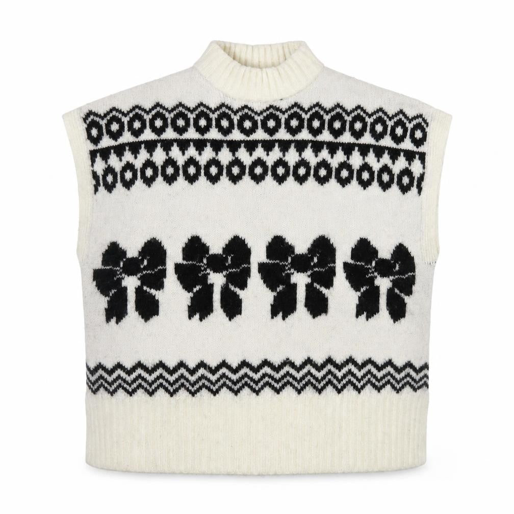 NEXT Womens Ivory Black Bow Knit Sleeveless Mock Neck Vest XL