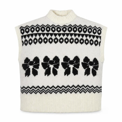 NEXT Womens Ivory Black Bow Knit Sleeveless Mock Neck Vest XL