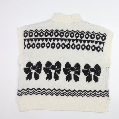 NEXT Womens Ivory Black Bow Knit Sleeveless Mock Neck Vest XL