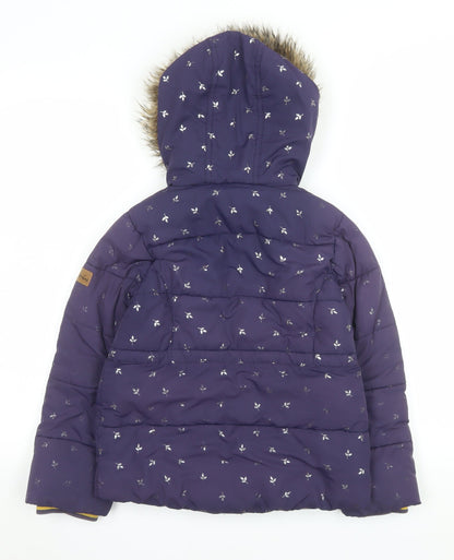Joules Girls Purple Floral Puffer Jacket 7-8 Years Hooded Winter Coat