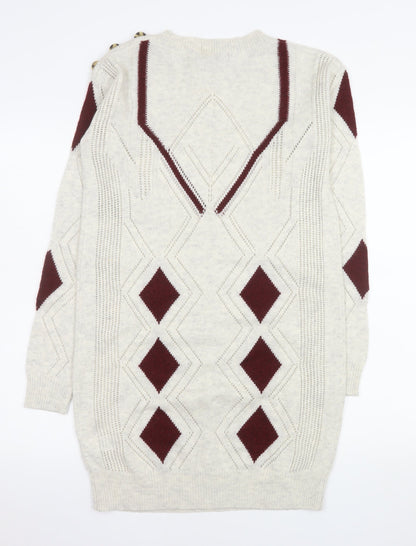 Next Women Beige Argyle Long Sleeve Knit Jumper Dress Size 10