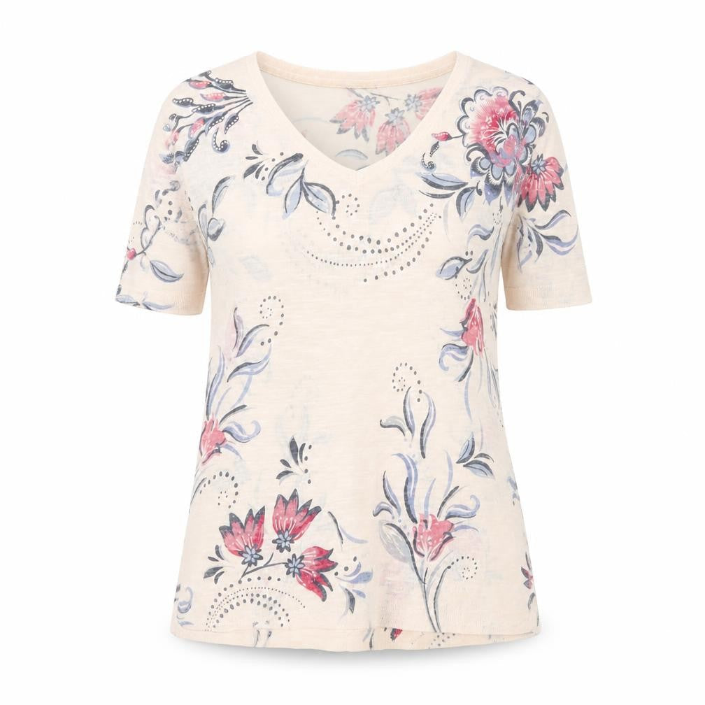 Monsoon Womens Beige Floral V-Neck Short Sleeve T-Shirt M