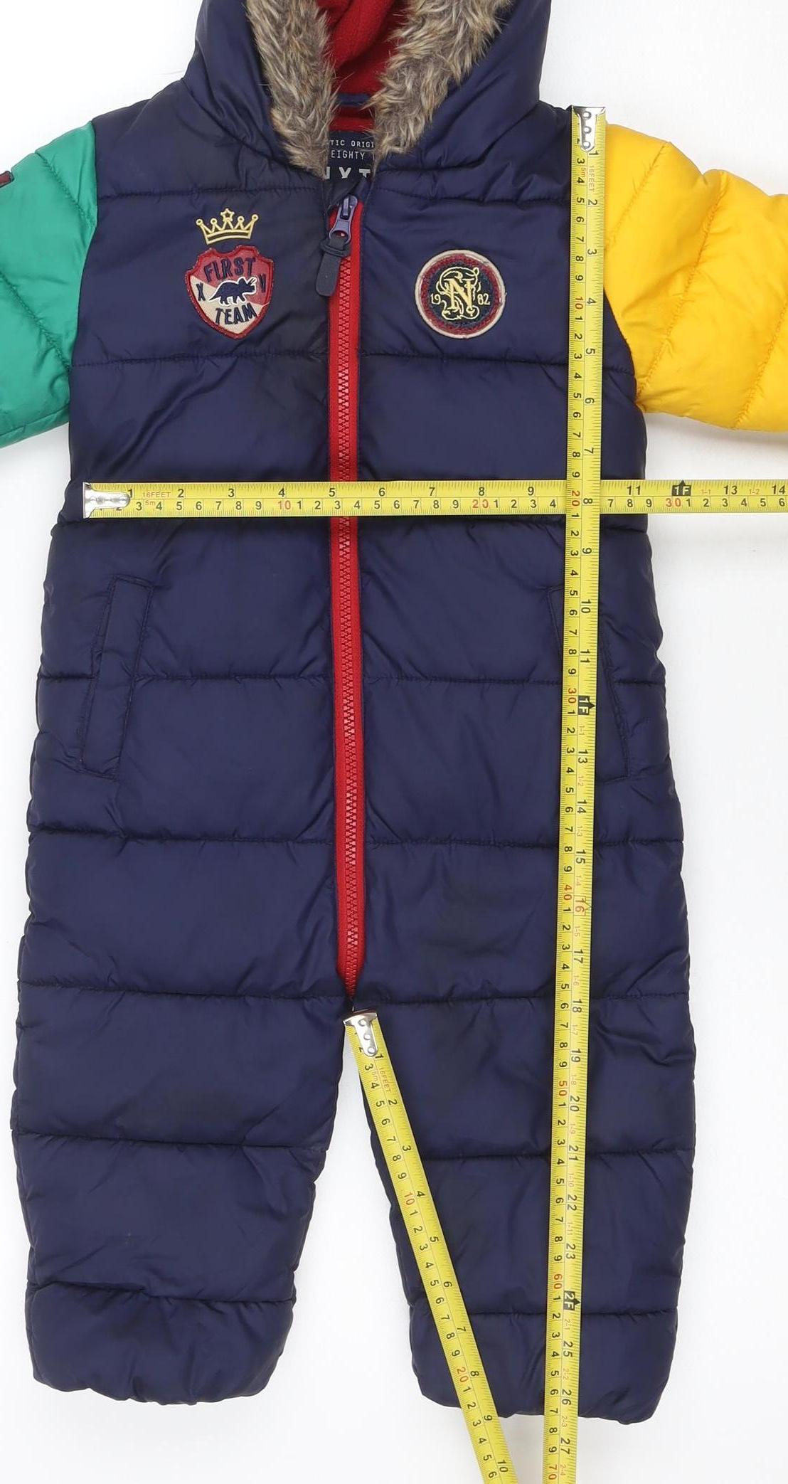 Next Unisex Baby Colourblock Navy Puffer Snowsuit 12-18 Months Hooded Fur Trim