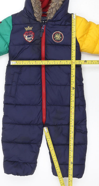 Next Unisex Baby Colourblock Navy Puffer Snowsuit 12-18 Months Hooded Fur Trim