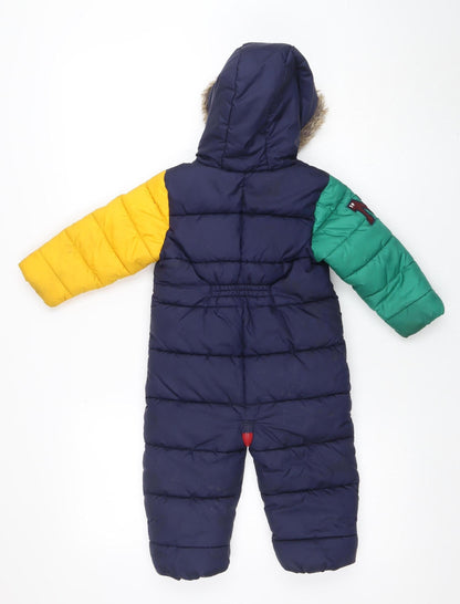 Next Unisex Baby Colourblock Navy Puffer Snowsuit 12-18 Months Hooded Fur Trim
