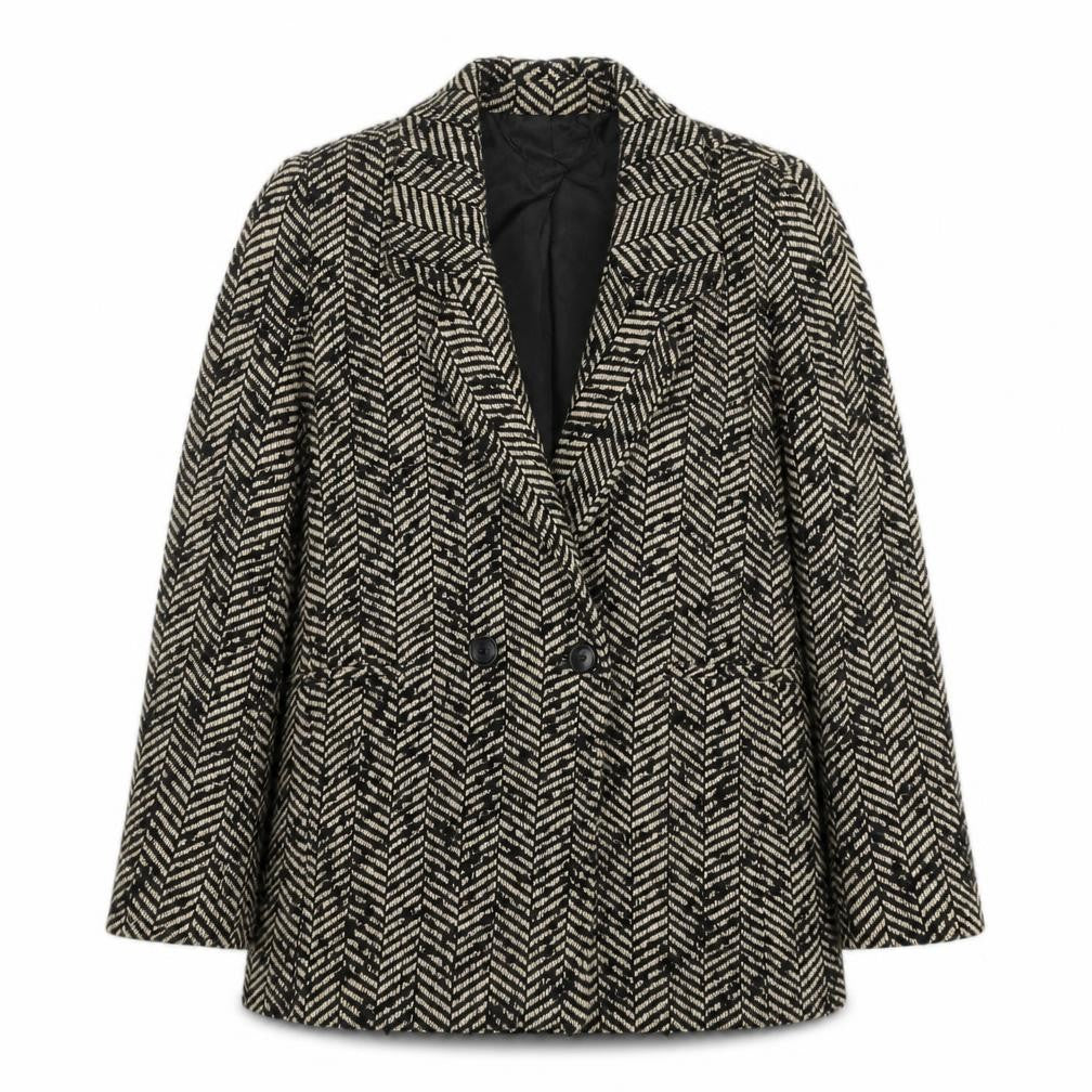 MNG Women's Black Wool Blend Herringbone Blazer Size 12