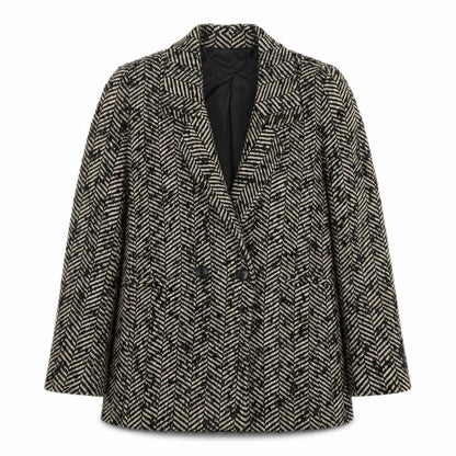 MNG Women's Black Wool Blend Herringbone Blazer Size 12