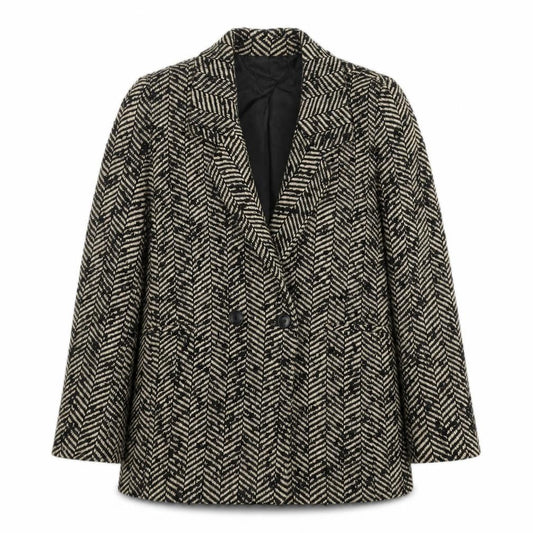 MNG Women's Black Wool Blend Herringbone Blazer Size 12