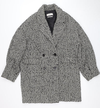 Mango Women’s Black Herringbone Wool Blend Mid-Length Coat Size M