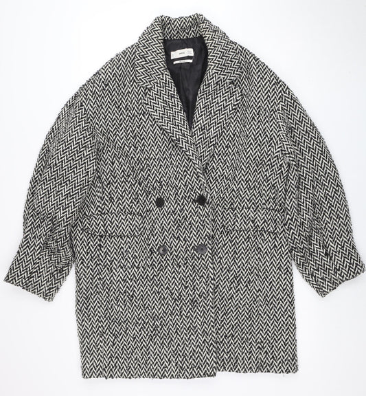 Mango Women’s Black Herringbone Wool Blend Mid-Length Coat Size M