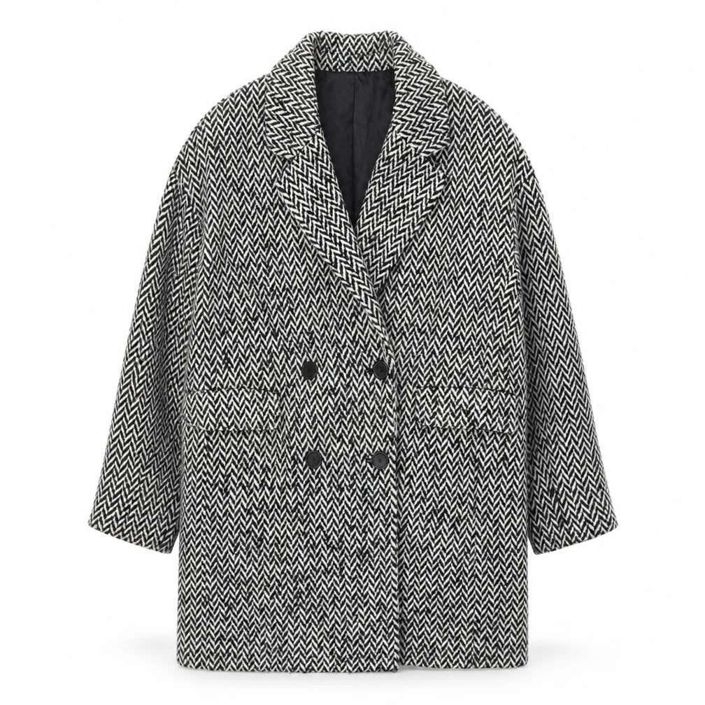 Mango Women’s Black Herringbone Wool Blend Mid-Length Coat Size M