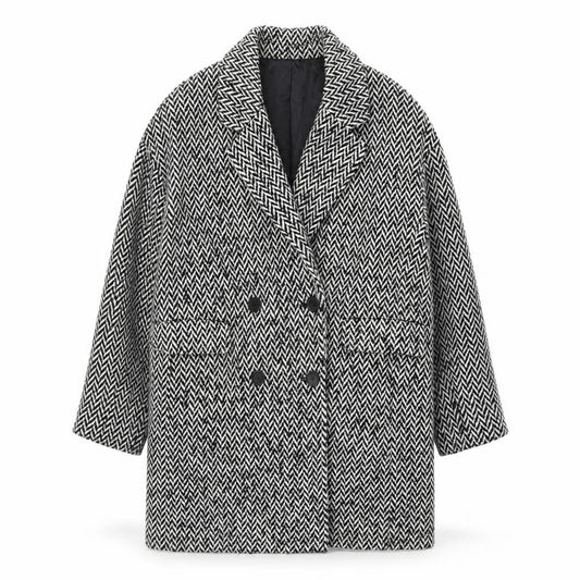 Mango Women’s Black Herringbone Wool Blend Mid-Length Coat Size M