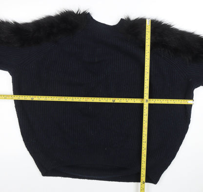 H&M Women’s Black Faux Fur Trim Knit Jumper Size M