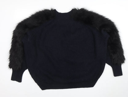 H&M Women’s Black Faux Fur Trim Knit Jumper Size M