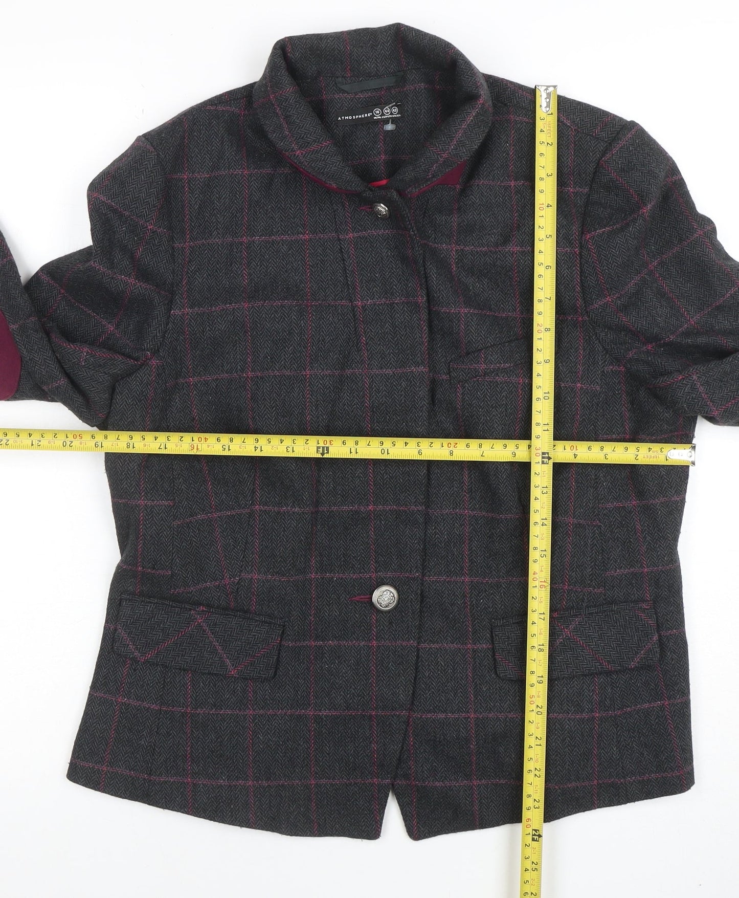 Atmosphere Women Grey Check Tweed Blazer Size 16 One Button Jacket