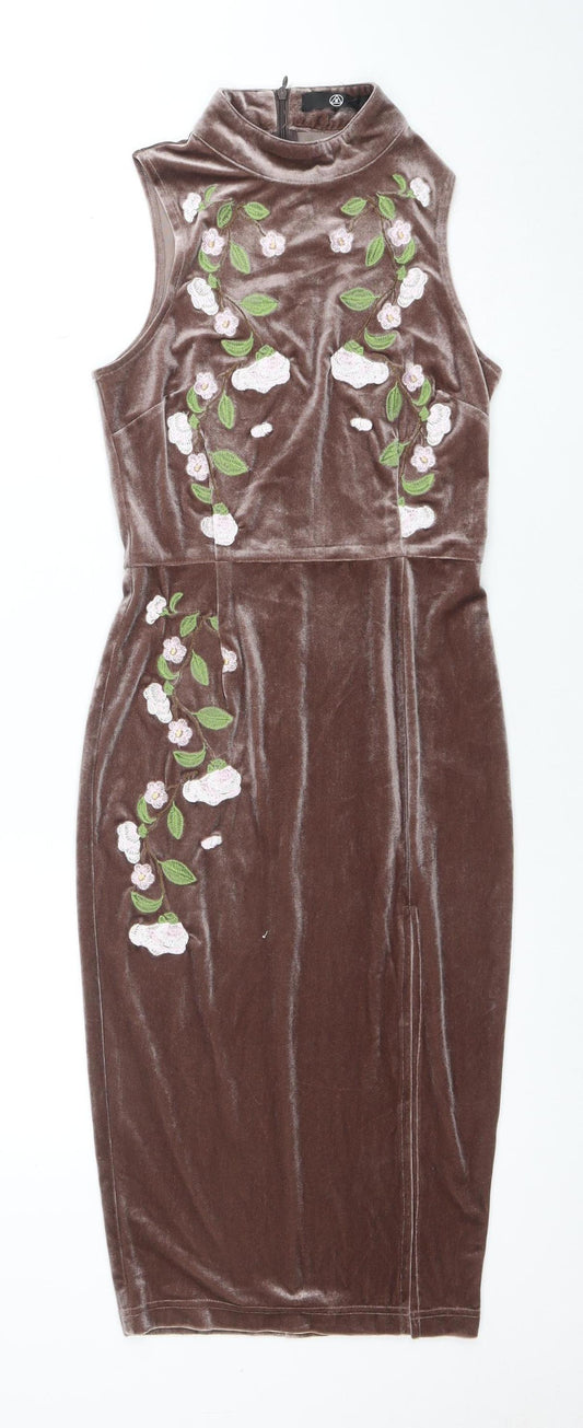 Motel Women’s Brown Floral Embroidered Velvet Bodycon Midi Dress Size 8