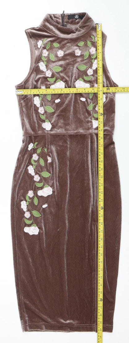 Motel Women’s Brown Floral Embroidered Velvet Bodycon Midi Dress Size 8