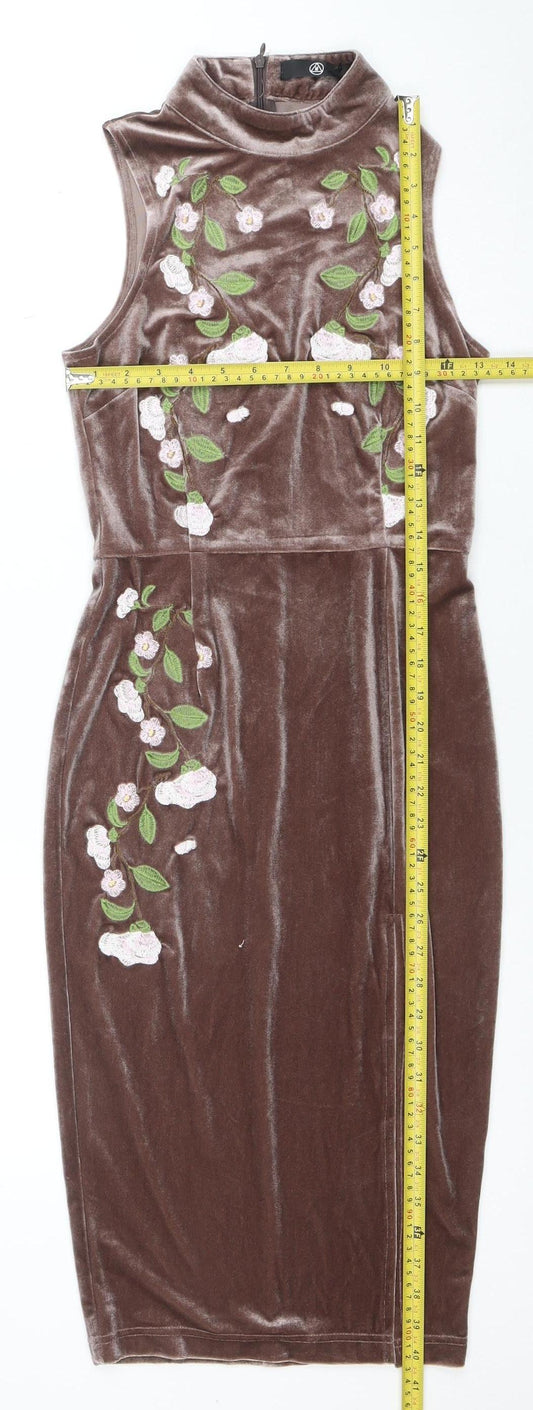 Motel Women’s Brown Floral Embroidered Velvet Bodycon Midi Dress Size 8