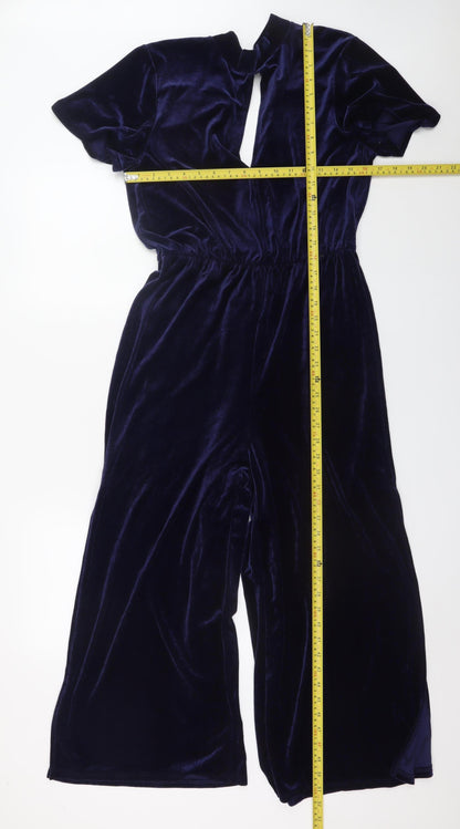 Miss Selfridge Women Navy Velvet Jumpsuit UK 14 Short Sleeve Wide-Leg