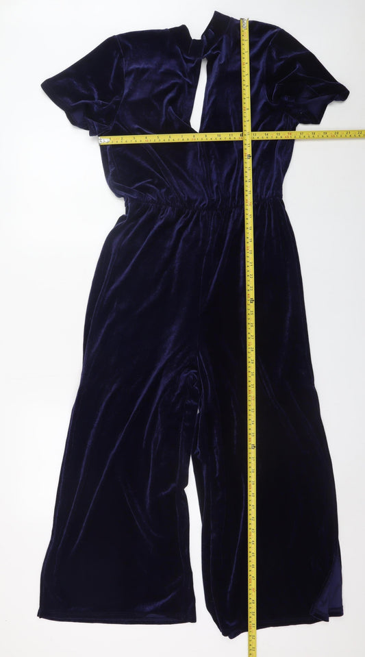 Miss Selfridge Women Navy Velvet Jumpsuit UK 14 Short Sleeve Wide-Leg