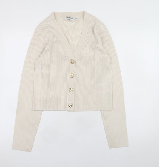 Brave Soul Women Beige V-Neck Ribbed Knit Button Cardigan Size L