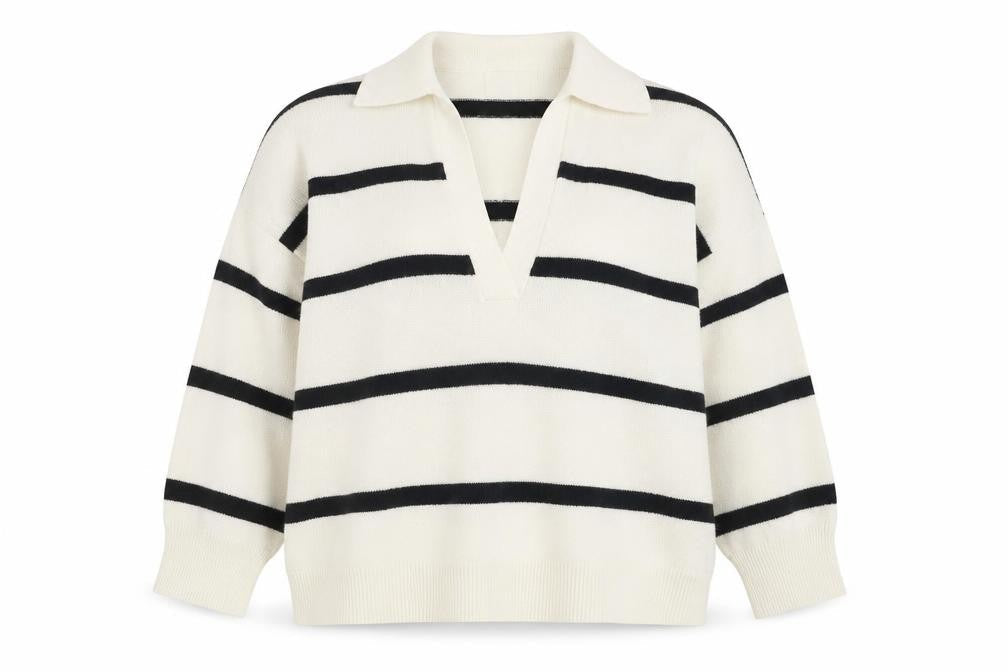 H&M Women's Ivory Striped Collared Pullover Jumper Size M
