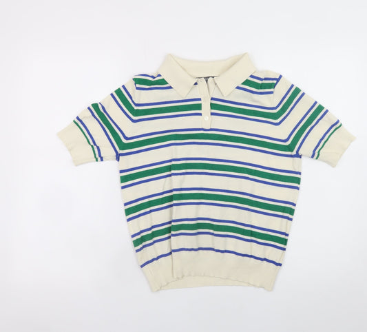 Primark Women Ivory Striped Collared Short Sleeve Jumper M