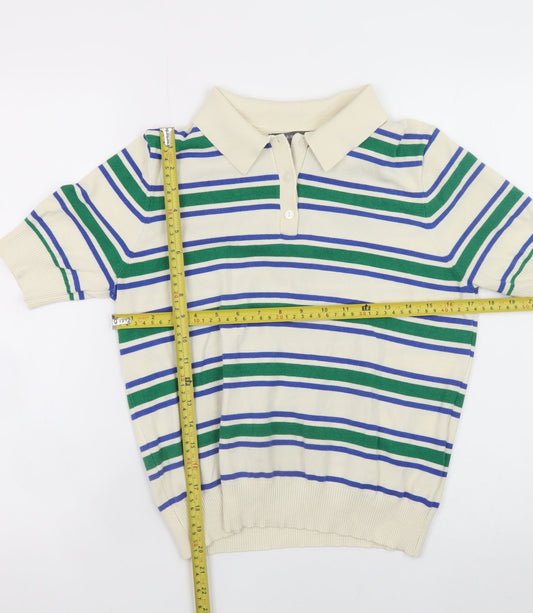 Primark Women Ivory Striped Collared Short Sleeve Jumper M