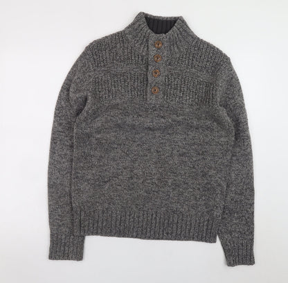 George Men’s Grey High Neck Henley Jumper Small Acrylic Knit