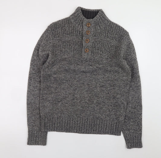 George Men’s Grey High Neck Henley Jumper Small Acrylic Knit