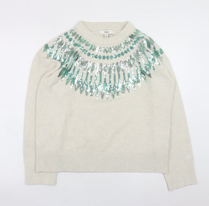 Marks and Spencer Women Ivory Sequin Crew Neck Jumper Size M