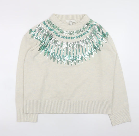 Marks and Spencer Women Ivory Sequin Crew Neck Jumper Size M