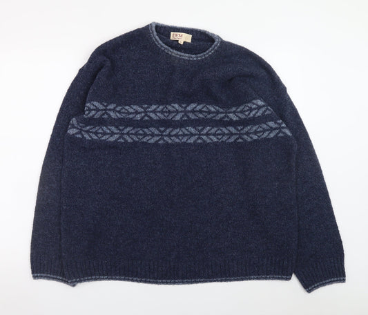 EWM Men's Blue Fair Isle Wool Blend Crew Neck Jumper Size L
