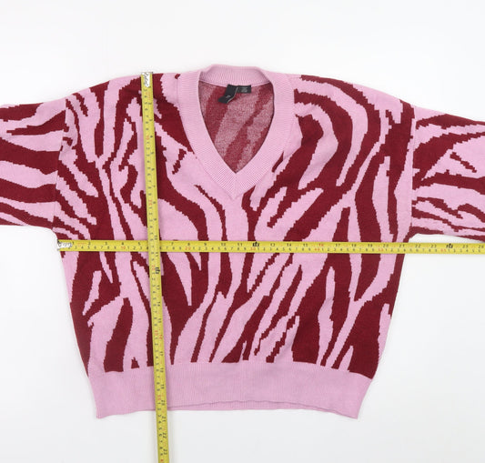 Y.A.S Women’s Pink Animal Print V-Neck Pullover Jumper XL